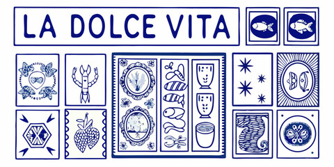 La Dolce Vita inspired playing cards with ornate blue and white designs