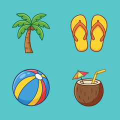 Summer vacation elements set with palm tree flip-flops beach ball and coconut drink.