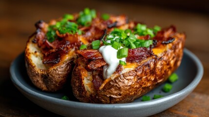 Two scrumptious loaded baked potatoes topped with crispy bacon, green onions, and creamy sour cream offer a satisfying treat that brings comfort and delight to any meal.