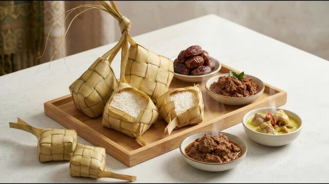 Traditional Hari Raya Eid al-Fitr food spread featuring steaming Ketupat rice dumplings beef Rendang and curry on wooden tray