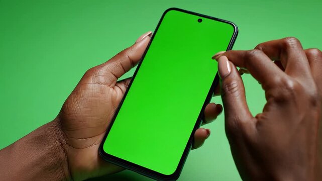 A close-up shot of dark-skinned female hands holding a modern smartphone with a bright green screen for chroma key use, gently tapping the display aga
