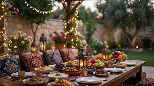 Traditional outdoor Ramadan Iftar dinner table setting with food, dates, and lanterns in a garden at dusk