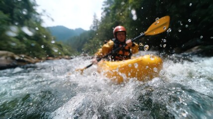 An exhilarating moment of a kayaker in a vibrant yellow kayak navigating through wild rapids, showcasing the thrill and beauty of nature and outdoor adventure sports.