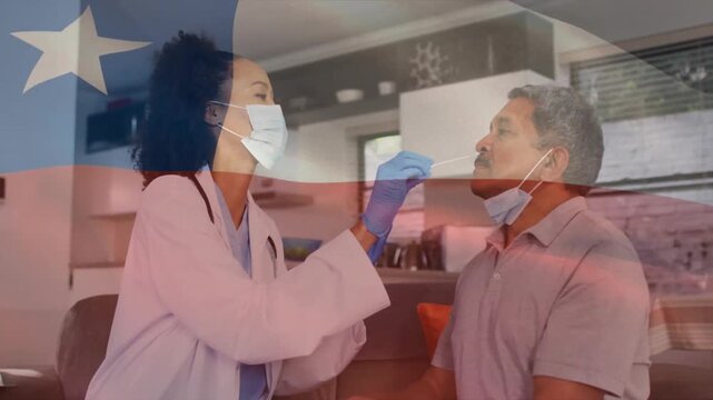 Clinician asking patient lowering mask, inserting nasal swab in living room for sample testing