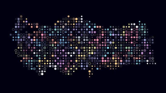 Turkey animated country shape. Pulsating colored dots on the map of the country. Small size circle blocks. Digital style Turkey map on dark background. Trending animation video.