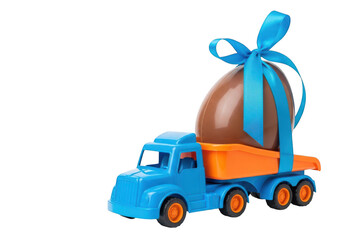 A charming toy dump truck delivering a giant chocolate easter egg tied with a bright blue ribbon