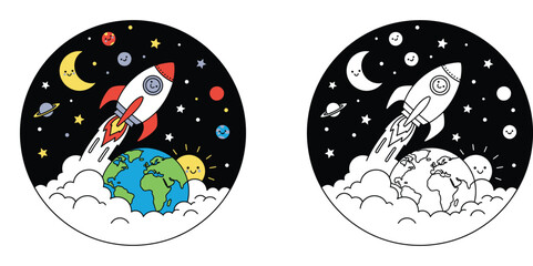 Space Rocket Launch from Earth to Moon and Stars, Cute Cartoon Illustration with Black and White Coloring Page Version, Kids Educational Space Exploration Vector Design © MMONIR