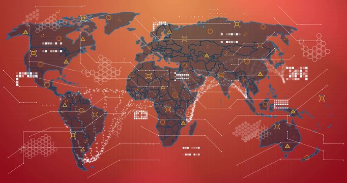 Upon red gradient appearing world map showing dots emerging, icons fading, arcs pulsing connections