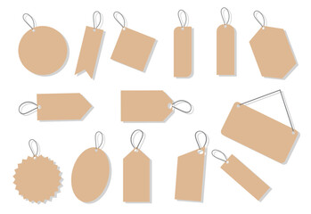 Brown price tag set with string. Blank beige product label collection. Vintage cardboard sale tags. Minimal flat vector retail branding elements.
