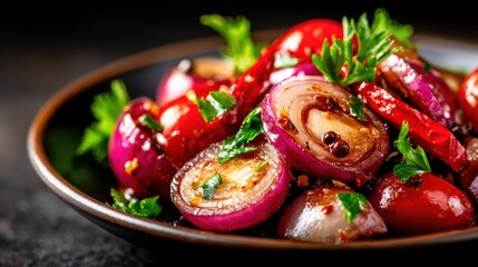 A colorful mixed vegetable salad presented on a stylish plate, highlighting an array of fresh, vibrant ingredients that appeal to health-conscious viewers everywhere.