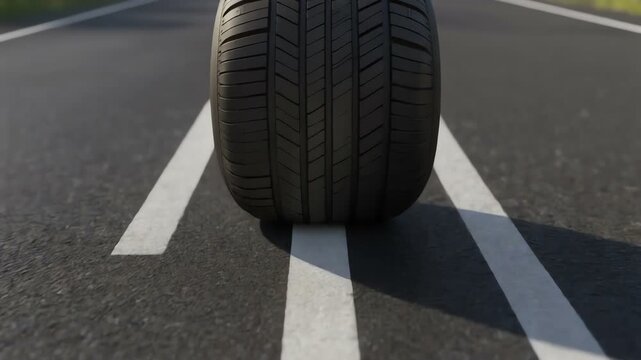 Close up of a new car tire on asphalt road with clear tire tread pattern for vehicle safety