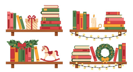 Fototapeta premium Vector illustration of Christmas bookshelves with decorations