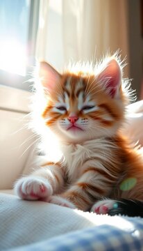Fluffy kitten purring contentedly in a sunbeam ,  playful,  happy
