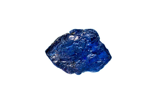 Natural rough Burmese royal blue sapphire gemstone on white background (corundum group)