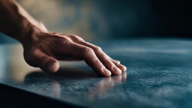 Focused medium shot on a sleek antiscratch tile with a hand gently touching the surface to demonstrate toughness set against a softly diffused unfocused backdrop.