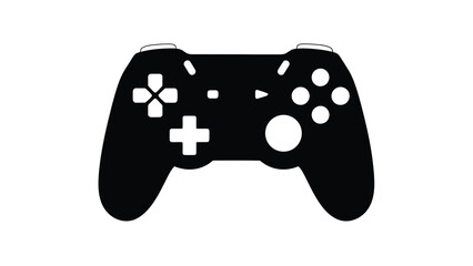 Black video game controller silhouette with white buttons on plain background for gaming design © Shela