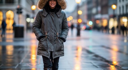 Woman in Fur Hooded Winter Coat Walking on Wet City Street at Night