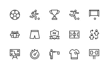 Football related vector linear icons set. Isolated icon collection such as ball  player, cup, trophy, gate, uniform, shirt, shorts, strategy, player substitution, soccer, emblem, field and more. © Andrey