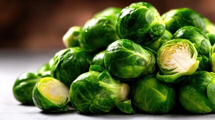 A pile of fresh, vibrant green Brussels sprouts sits on a gray surface, showcasing their crisp texture and color, promoting healthy eating and culinary creativity.