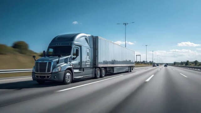 Silver semi truck hauling refrigerated trailer open highway road with truck cab long haul motion