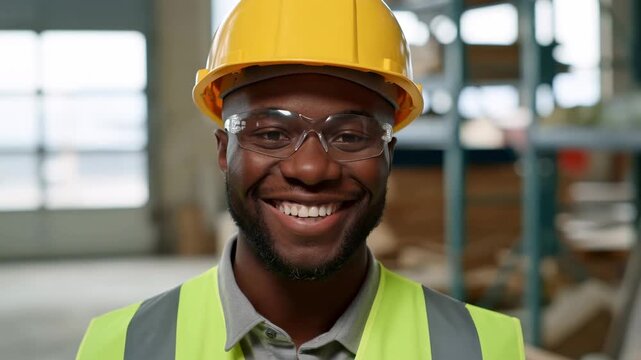 Young Black construction foreman in yellow hard hat and high-visibility vest stands proudly in busy industrial warehouse, beaming wide smile, foreman pride radiates strength reliability and leadership