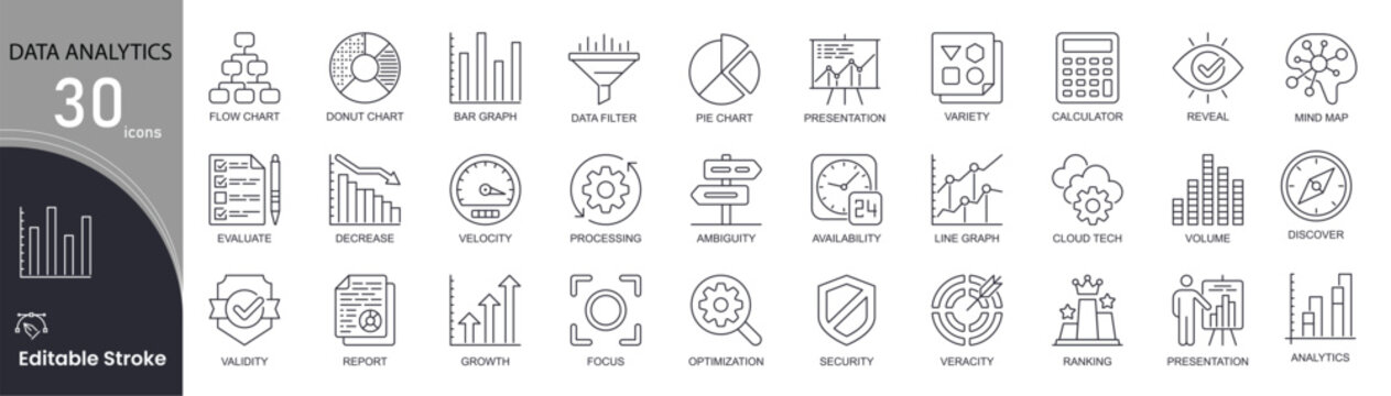 Data analytics concept simple line icons set. Bundle of search, mining filter, pie chart, presentation, database, calculator and other. Editable stroke. Outline icons.