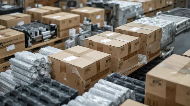 Packed cardboard box packaging conveyor belt busy warehouse logistics parcel with wrapped