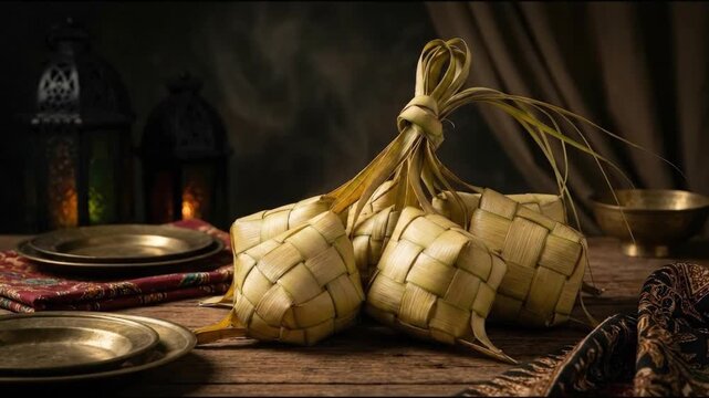 Traditional ketupat rice dumplings arrangement on wooden table with batik and lanterns for Eid al-Fitr and Ramadan celebration