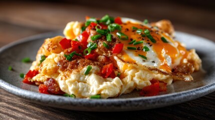 This image features a plate of scrambled eggs topped with diced vegetables and herbs, making it an appetizing example of breakfast, healthy eating, and gourmet cooking.
