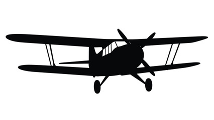 Vintage biplane silhouette flying through clear sky with white background