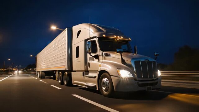 Night highway semi truck with illuminated headlights hauling refrigerated trailer long haul highway
