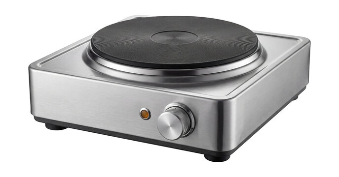 Stainless steel electric hotplate with adjustable temperature control.