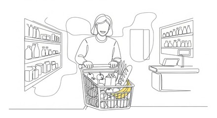 Woman with shopping cart in supermarket aisle, illustration
