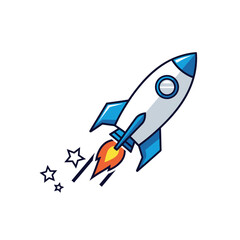 Cartoon rocket ship blasting off with stars and fiery exhaust, white background