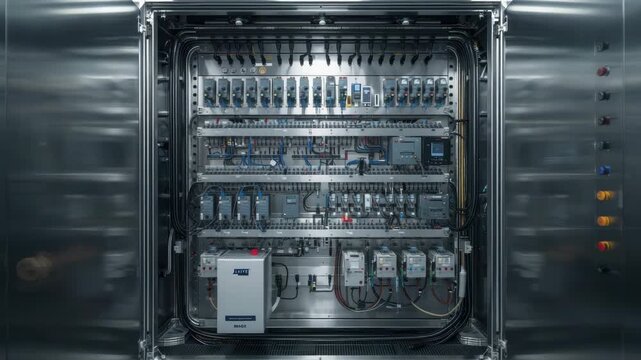 Industrial electrical control panel with organized wiring circuit breaker relay automation modular