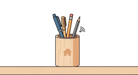 Wooden Pencil Holder with Pens and Pencil, Home Office Desk Accessory
