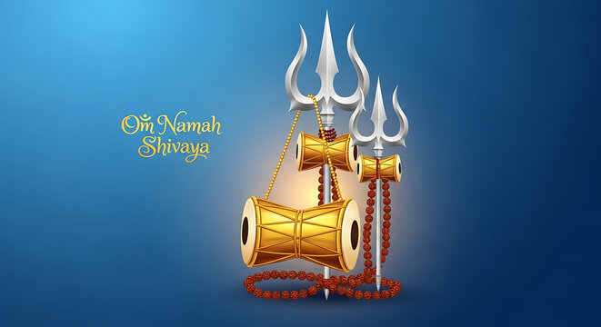 Om namah shivaya with damaru and trishul on blue background