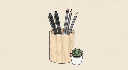 Wooden Pencil Holder with Pens, Pencils, and Small Succulent Plant