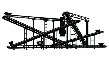 Industrial conveyor belt system with intersecting metal structures and funnel shaped ends on a white background
