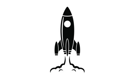 Black rocket ship launching into the air with smoke and flames on a white background symbolizing innovation and progress