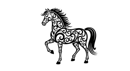 Naklejka premium Black silhouette illustration of a fire horse with decorative swirls for Chinese New Year 2026, against a clean white background.