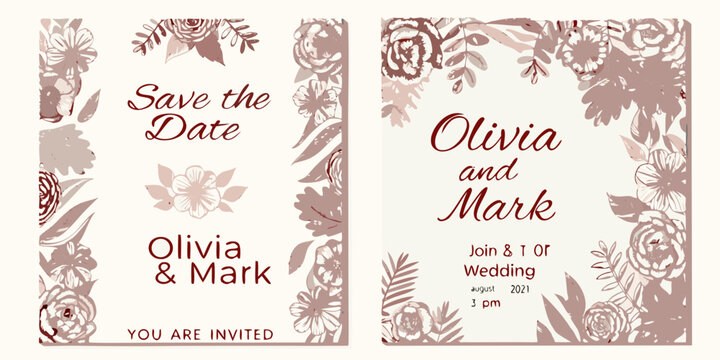 Floral wedding save the date cards with names and event details