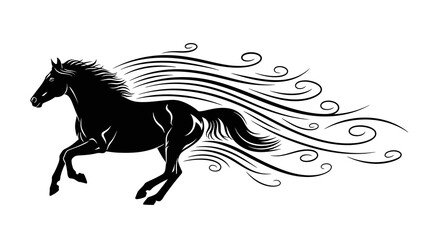 Black silhouette of a running horse with flowing mane and tail, symbolizing the Chinese New Year of the Fire Horse 2026, against a clean white background. © saputra sida