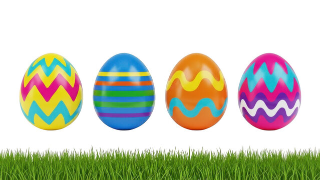 Four colorful chevron and striped Easter eggs on a grass border