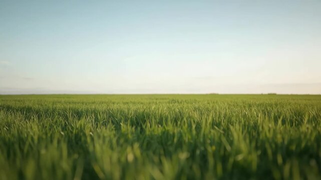 Green wheat field at sunrise with soft sky grass landscape calm morning sunlight horizon