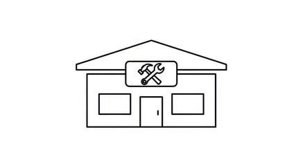 Workshop building icon with tools sign, simple outline illustration
