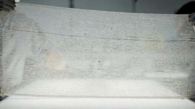 Medium shot capturing backlit fabric inspection revealing subtle coating irregularities such as pinholes and streaks with enhanced contrast for precise quality control.