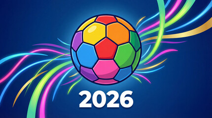 Fototapeta premium Vibrant Colorful Soccer Ball 2026 with Dynamic Neon Light Streaks on Blue Background