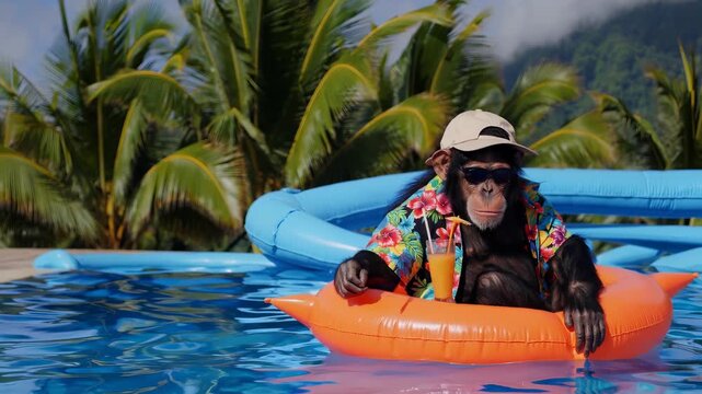 Monkey wearing sunglasses and hat relaxes in orange float at pool. Funny summer animal holds tropical drink. Monkey dressed in shirt enjoys vacation scene. Chill vibe in clear sunny pool water.