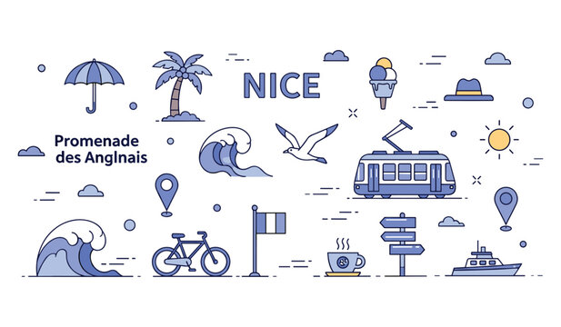 Nice france travel icons: beach, tram, palm trees, bicycle, cafe, promenade des anglais